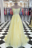 Yellow tulle lace long prom dress yellow lace formal dress HZ1023