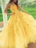 yellow prom dresses lace embroidery ball gown with multi straps HZ1023