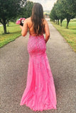 mermaid bright pink lace appliqued long evening dress prom dress HZ1023