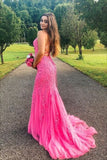 mermaid bright pink lace appliqued long evening dress prom dress HZ1023