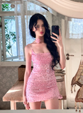 Cute Pink Sheath Spaghetti Strap Sequin Short Prom Dress Homecoming Dress HZ1023
