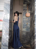 Navy Blue A Line Halter Bow Satin Open Back Prom Dress Evening Dress HZ1023