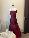 Vintage A Line Strapless Flower Pleated Burgundy Satin Long Prom Dress Party Dress HZ1023