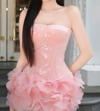 Stunning A Line Strapless Pink Sequin Chiffon Homecoming Dress Cocktail Dress HZ1023