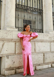 Pink Puff Sleeves Slit Prom Dress Sweet evening Dress HZ1023