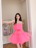 Barbie Pink A Line Strapless Tulle Short Outfit Party Dress Homecoming Dress Birthday Dress HZ1023