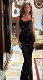 Black Long Sheath See-through Mermaid Prom Dresses HZ1023