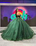 Green Tulle Applique Off the Shoulder Long Prom Dress Quinceanera Dress Ball Gown HZ1023