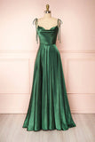 Sexy Cowl Neck Spaghetti Straps Satin Prom Dress With Thigh Slit HZ1023