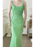 Exquisite Green Sheath Spaghetti Strap 3D Floral Beaded Chiffon Long Prom Dress Formal Dress HZ1023