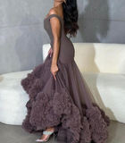 Brown Mermaid V Neck Tulle Long Prom Dress Evening Dress HZ1023