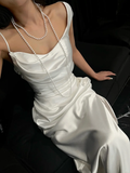 Elegant White Sheath Straps Satin Long Prom Dress Formal Gown Wedding Dress HZ1023