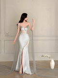 Gorgeous Mermaid Strapless Beaded Silver Satin Tulle Long Evening Dress Ball Gown HZ1023
