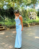 Elegant Blue Sheath Straps Corset Satin Long Prom Dress Evening Dress HZ1023
