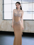 Exquisite Mermaid Strapless Shiny Rhinestone Tulle Long Prom Dress Evening Dress HZ1023