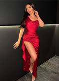 Charming Sheath Off the Shoulder Red Satin Prom Dress Evening Dress with Slit HZ1023