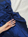 Vintage A Line Sweetheart Neck Ruffle Navy Blue Satin Prom Dress Graduation Prom Dress HZ1023