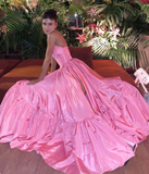 Classic Pink A-line Strapless Side Slit Long Party Prom Dresses HZ1023