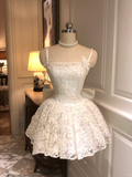 White A Line Spaghetti Strap Pearl Lace Short Homecoming Dress Cocktail Dress HZ1023