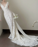 Retro Mermaid V Neck White Lace Chiffon Long Prom Dress Wedding Dress HZ1023