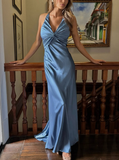 Blue Sheath Halter Bow Satin Open Back Prom Dress Graduation Prom Dress HZ1023