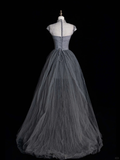 Simple Grey A Line High Neck Satin Tulle Long Prom Dress Graduation Prom Dress HZ1023