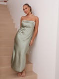 Stunning Sheath Strapless Sage Green Satin Bridesmaid Dress Evening Dress HZ1023