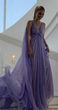 Simple A Line V Neck Lilac Long Chiffon Prom Dress HZ1023
