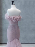 Strapless Pink Chiffon Creased Evening Dress Floor Length Mermaid Prom Dress With Sweep HZ1023