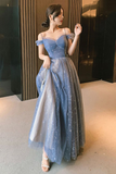 Blue Tulle Long Prom Dress, A-Line Spaghetti Strap Graduation Party Dress HZ1023