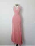 Retro A Line V Neck Pink Beaded Chiffon Prom Dress Evening Dress HZ1023