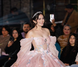 Romantic Poofy Pink Floral Wedding Dresses Off the Shoulder Ball Gown Quinceanera Dress HZ1023