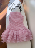 Cute Pink A Line Spaghetti Strap Layered Chiffon Homecoming Dress HZ1023