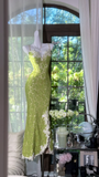 Green Mermaid Spaghetti Strap Lace Prom Dress Wedding Guest Dress with Slit HZ1023