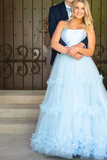 Light Blue Floral Long Prom Dresses Formal Graduation Evening Dresses HZ1023