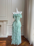Elegant A Line Spaghetti Strap Ruffle Green Chiffon Prom Dress Wedding Guest Dress HZ1023