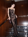Simple Black A Line Spaghetti Strap Satin Open Back Prom Dress Wedding Guest Dress HZ1023