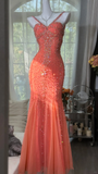 Vintage Mermaid Spaghetti Strap Exquisite Rhinestone Tulle Prom Dress Wedding Guest Dress HZ1023