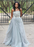 Pretty A Line Strapless Appliques Grey Tulle Long Prom Dress Evening Dress HZ1023