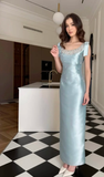 Blue Sheath Bow Straps Rhinestone Satin Long Prom Dress Wedding Guest Dress HZ1023