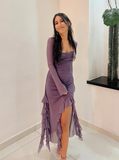 Grape Purple A Line Long Sleeve Ruffle Tulle Homecoming Dress Date Dress Outfits HZ1023