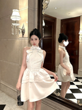 Open Back A Line Halter Bow Lace Ivory Satin Short Birthday Dress Homecoming Dress HZ1023