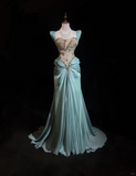 Retro Gorgeous A Line Straps Pleated Beaded Blue Satin Prom Dress Evening Dress HZ1023