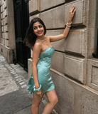 Turquoise A Line Sweetheart Neck Satin Short Homecoming Dress HZ1023