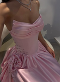 Pink A Line Sweetheart Neck Pleated Satin Prom Dress Wedding Guest Dress with Slit HZ1023
