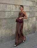 Simple Brown A Line Spaghetti Strap Satin Open Back Prom Dress Wedding Guest Dress HZ1023