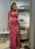 Pink A Line Sweetheart Neck Beaded Lace Prom Dress Evening Dress with Slit HZ1023