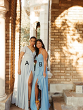 Gentle A Line Ruffle Blue Chiffon Evening Dress Bridesmaid Dress with Slit HZ1023