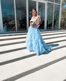 Light Sky Blue Princess Tulle Ruffle Straps Tiered Long Prom Dress HZ1023