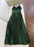 Stunning Green A Line Halter Satin Prom Dress Vacation Dress Wedding Guest Dress HZ1023